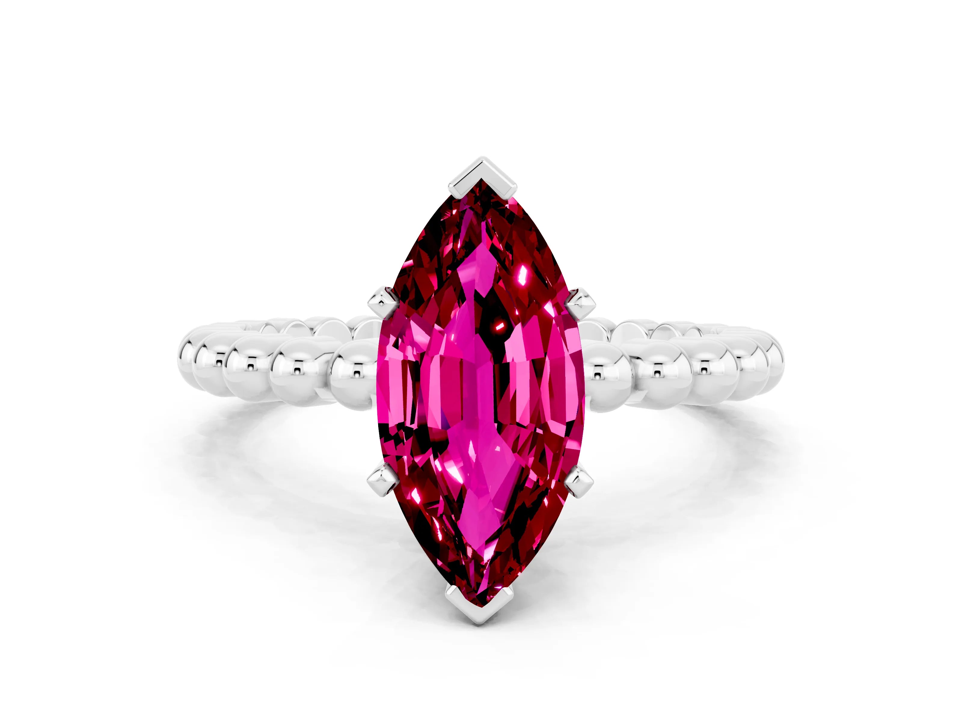 White gold Marquise Cut Garnet Solitaire Ring with Beaded Band and Prong Setting_24
