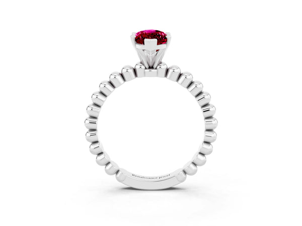 Silver Marquise Cut Garnet Solitaire Ring with Beaded Band and Prong Setting