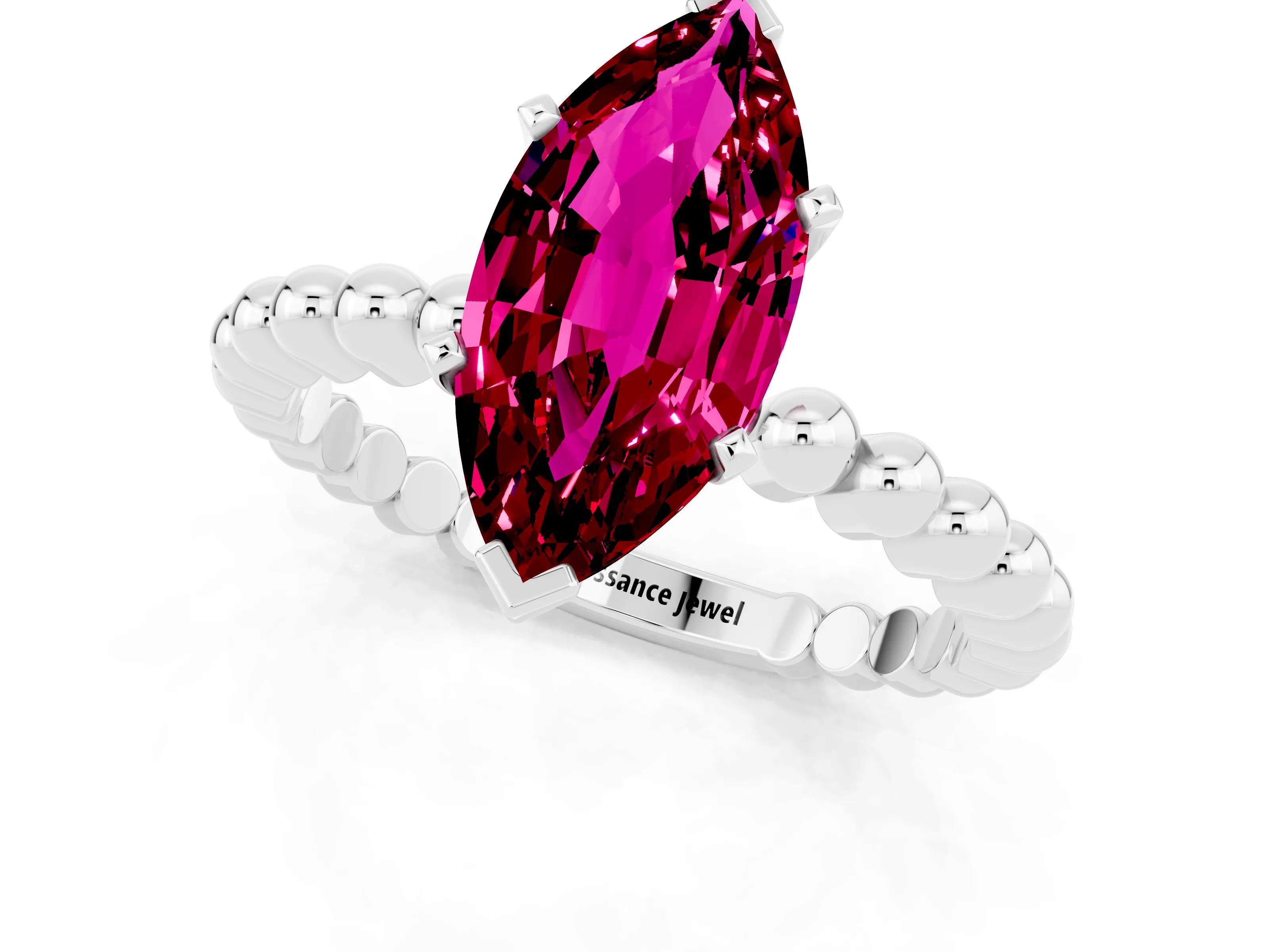 White gold Marquise Cut Garnet Solitaire Ring with Beaded Band and Prong Setting_37
