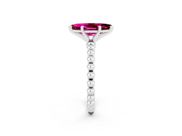White gold Marquise Cut Garnet Solitaire Ring with Beaded Band and Prong Setting