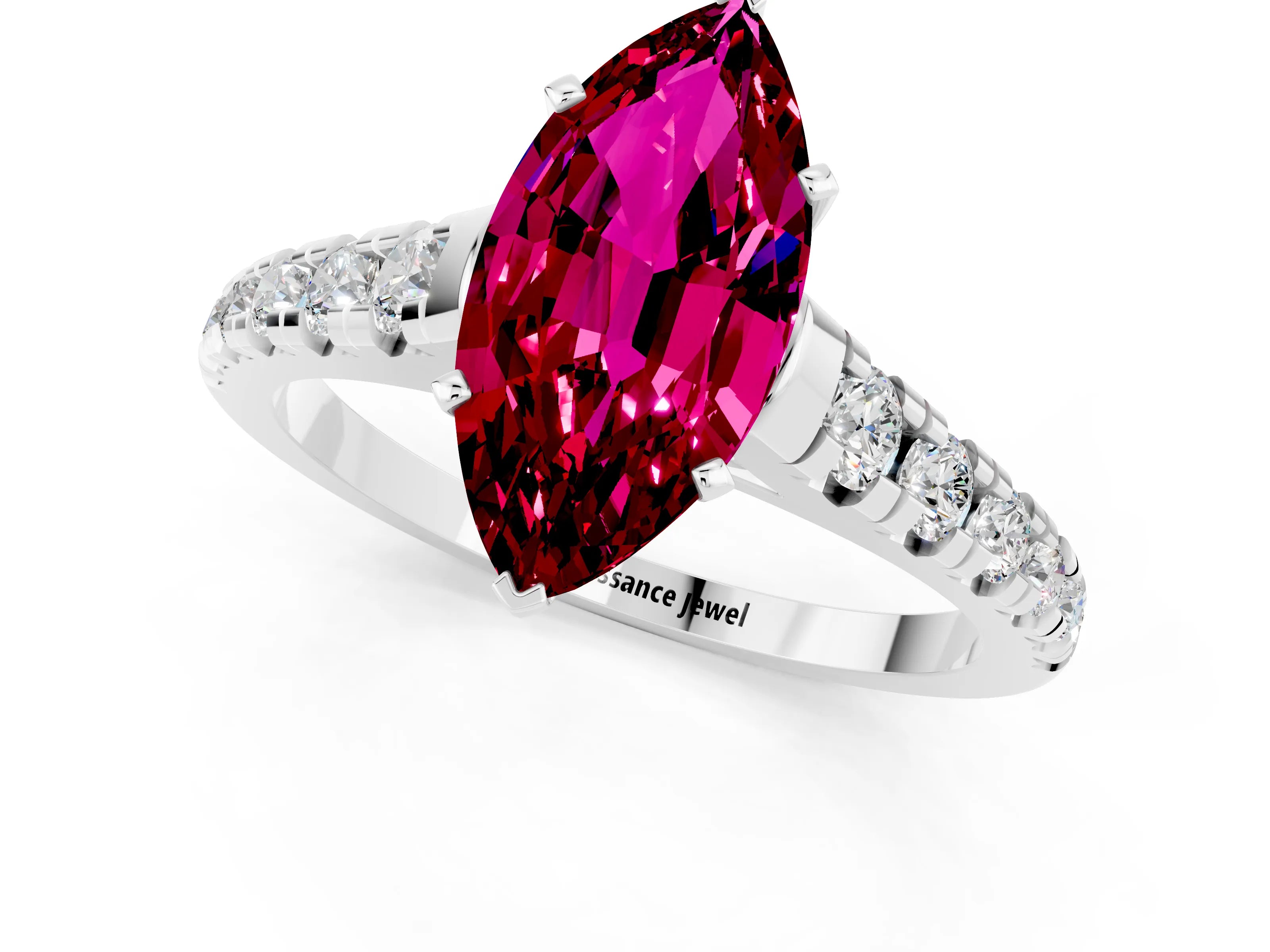 White gold Marquise Cut Garnet Solitaire Ring with Cathedral Setting and Pavé Band_1