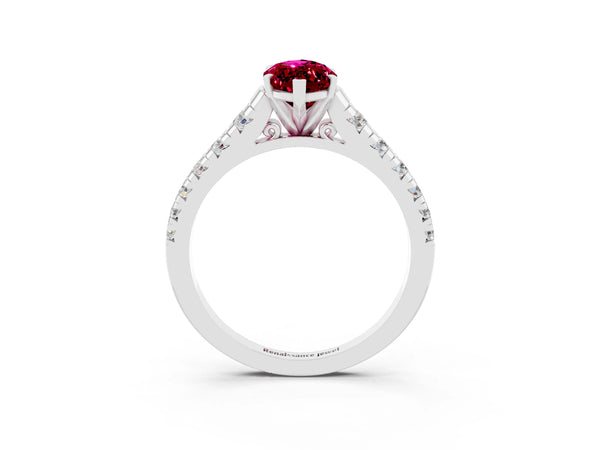 White gold Marquise Cut Garnet Cathedral Solitaire Ring with Round  Pavé Band