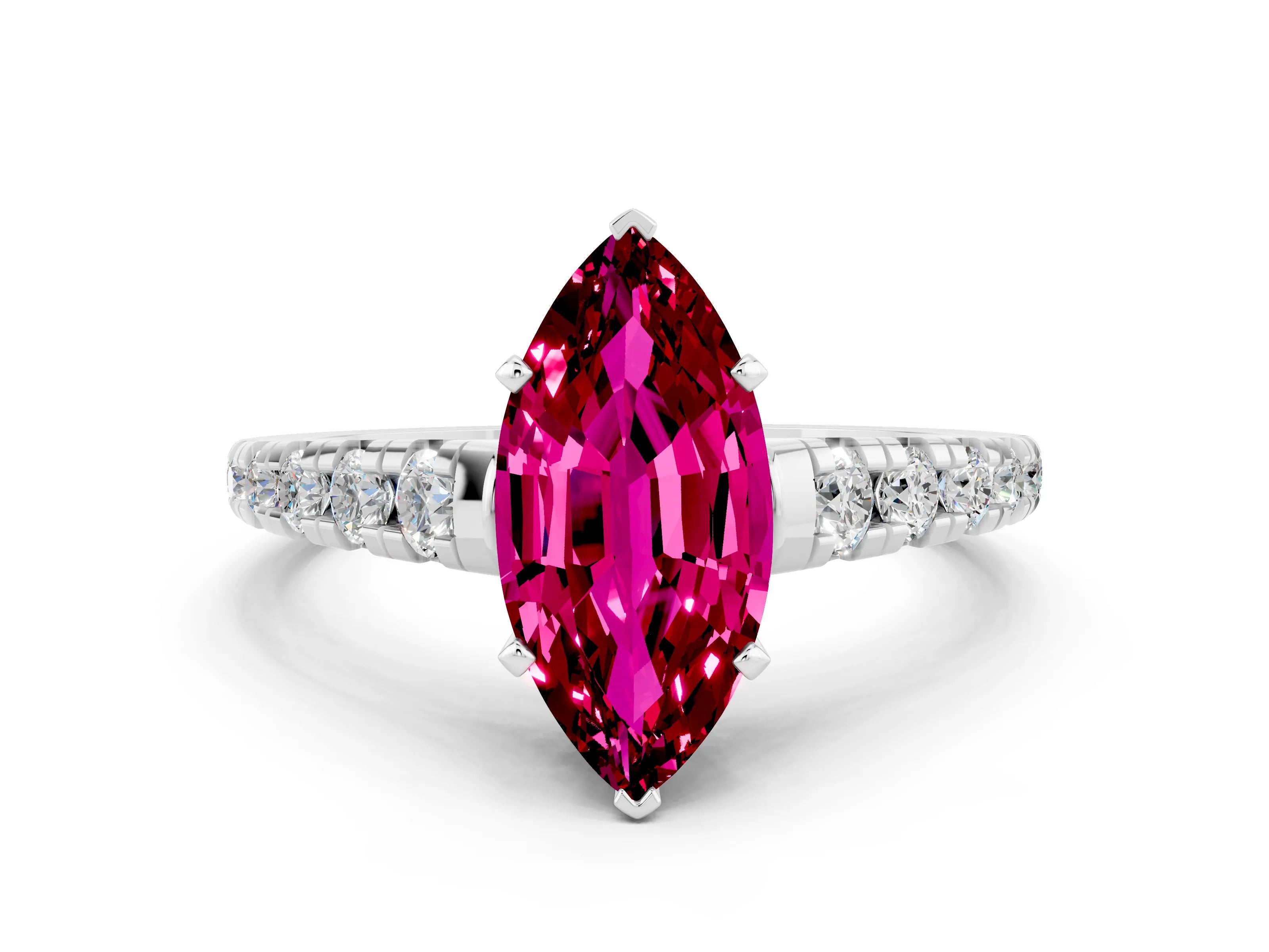 White gold Marquise Cut Garnet Solitaire Ring with Cathedral Setting and Pavé Band