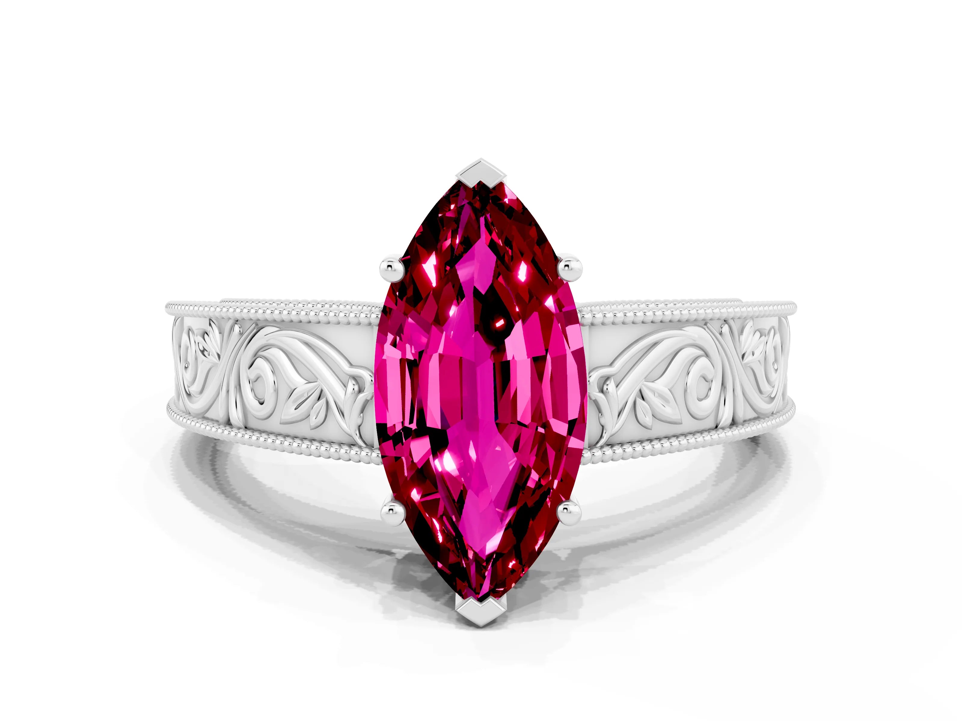 White gold Marquise Cut Garnet Solitaire Ring with Engraved Band and Four-Prong Setting