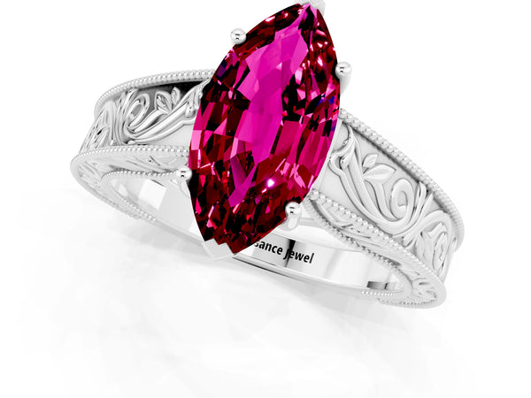Silver Marquise Cut Garnet Solitaire Ring with Engraved Band and Four-Prong Setting