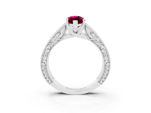 White gold Marquise Cut Garnet Solitaire Ring with Engraved Band and Four-Prong Setting_3