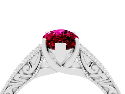 White gold Marquise Cut Garnet Solitaire Ring with Engraved Band and Four-Prong Setting_4