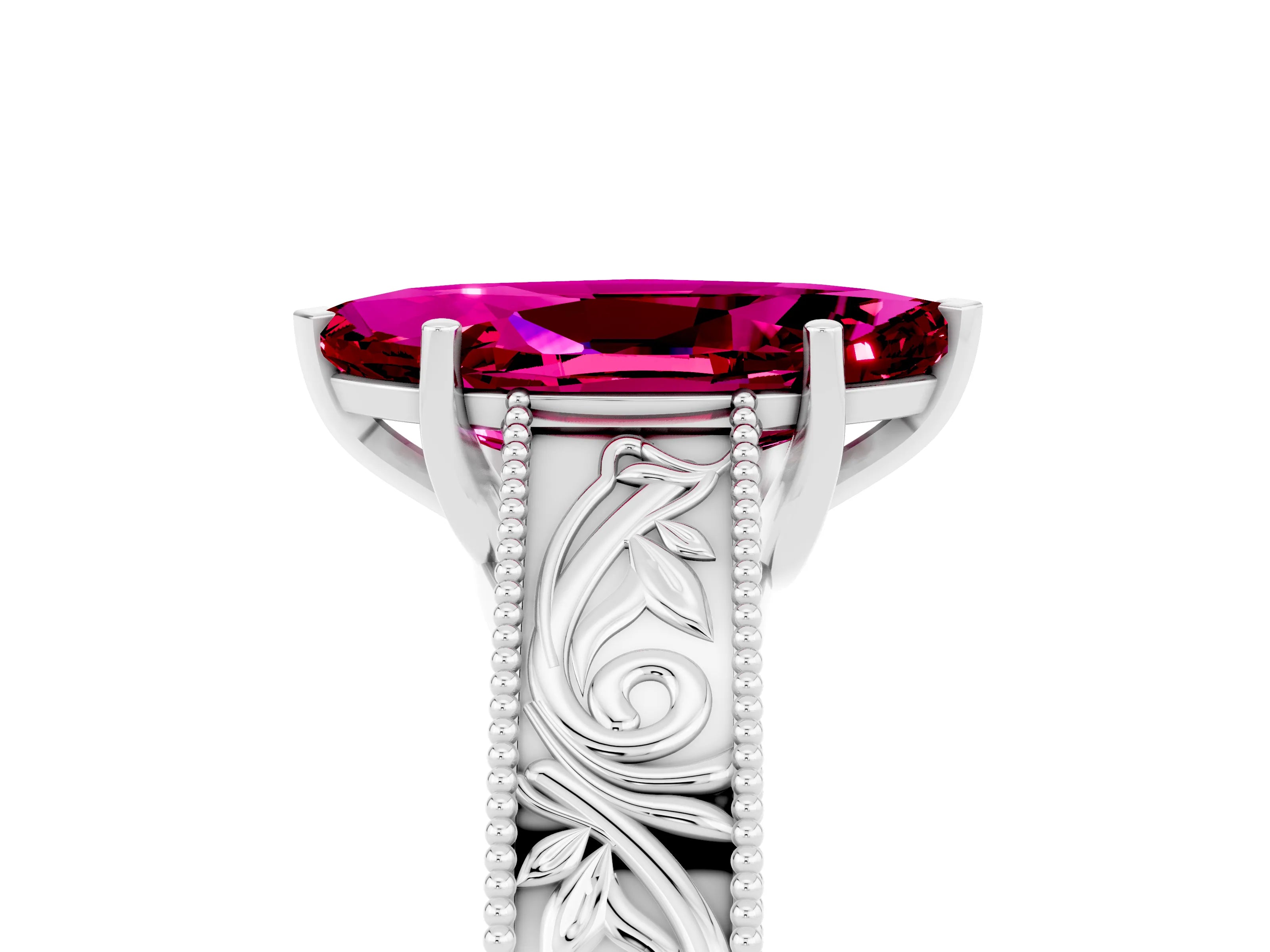 White gold Marquise Cut Garnet Solitaire Ring with Engraved Band and Four-Prong Setting_5