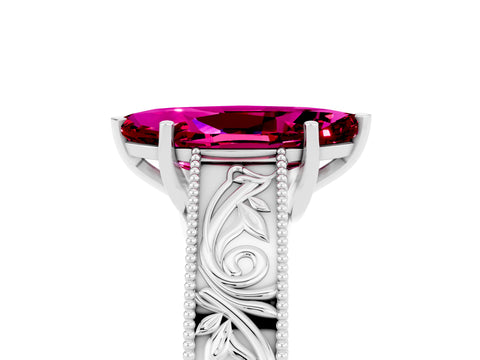 White gold Marquise Cut Garnet Solitaire Ring with Engraved Band and Four-Prong Setting_5
