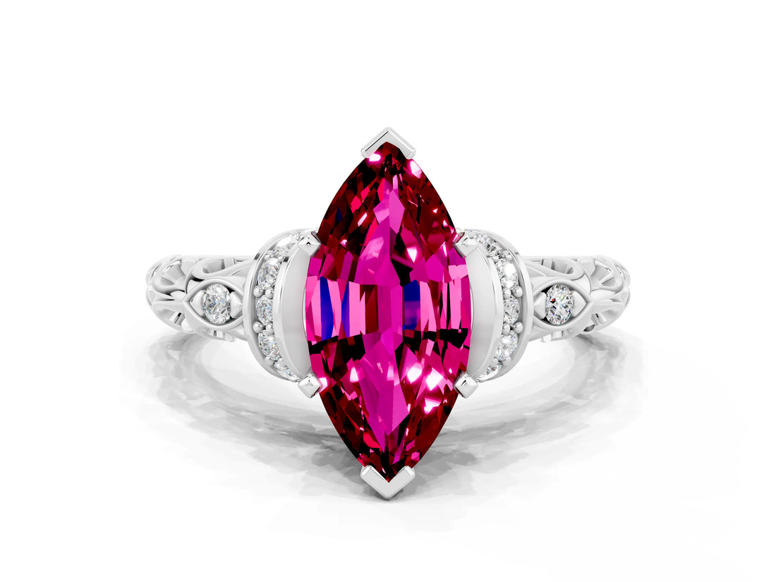 White gold Marquise Cut Garnet Solitaire Ring with Filigree Band and Four-Prong Setting_24