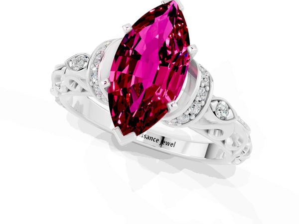 Platinum Marquise Cut Garnet Solitaire Ring with Filigree Band and Four-Prong Setting