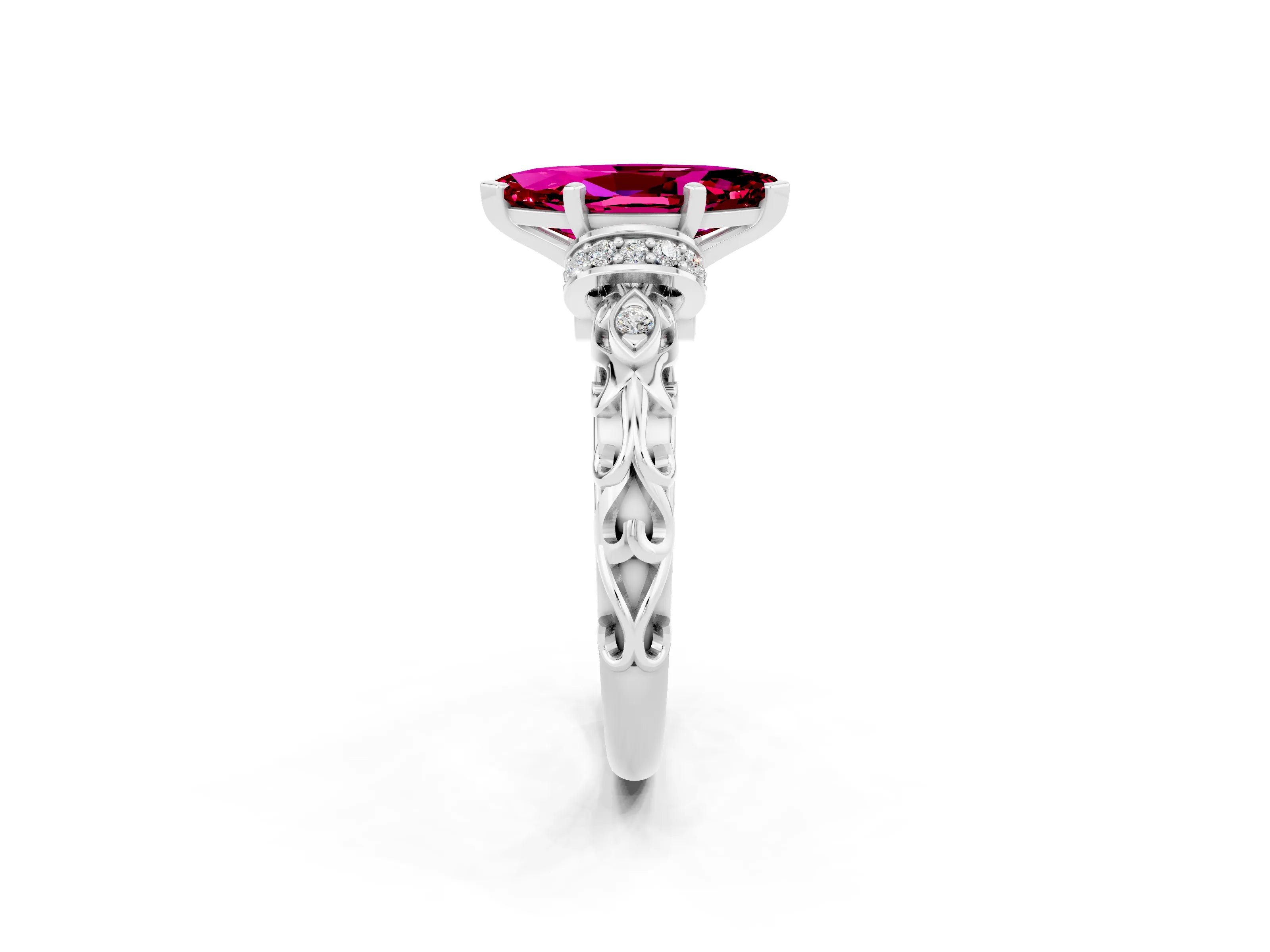 White gold Marquise Cut Garnet Solitaire Ring with Filigree Band and Four-Prong Setting_26