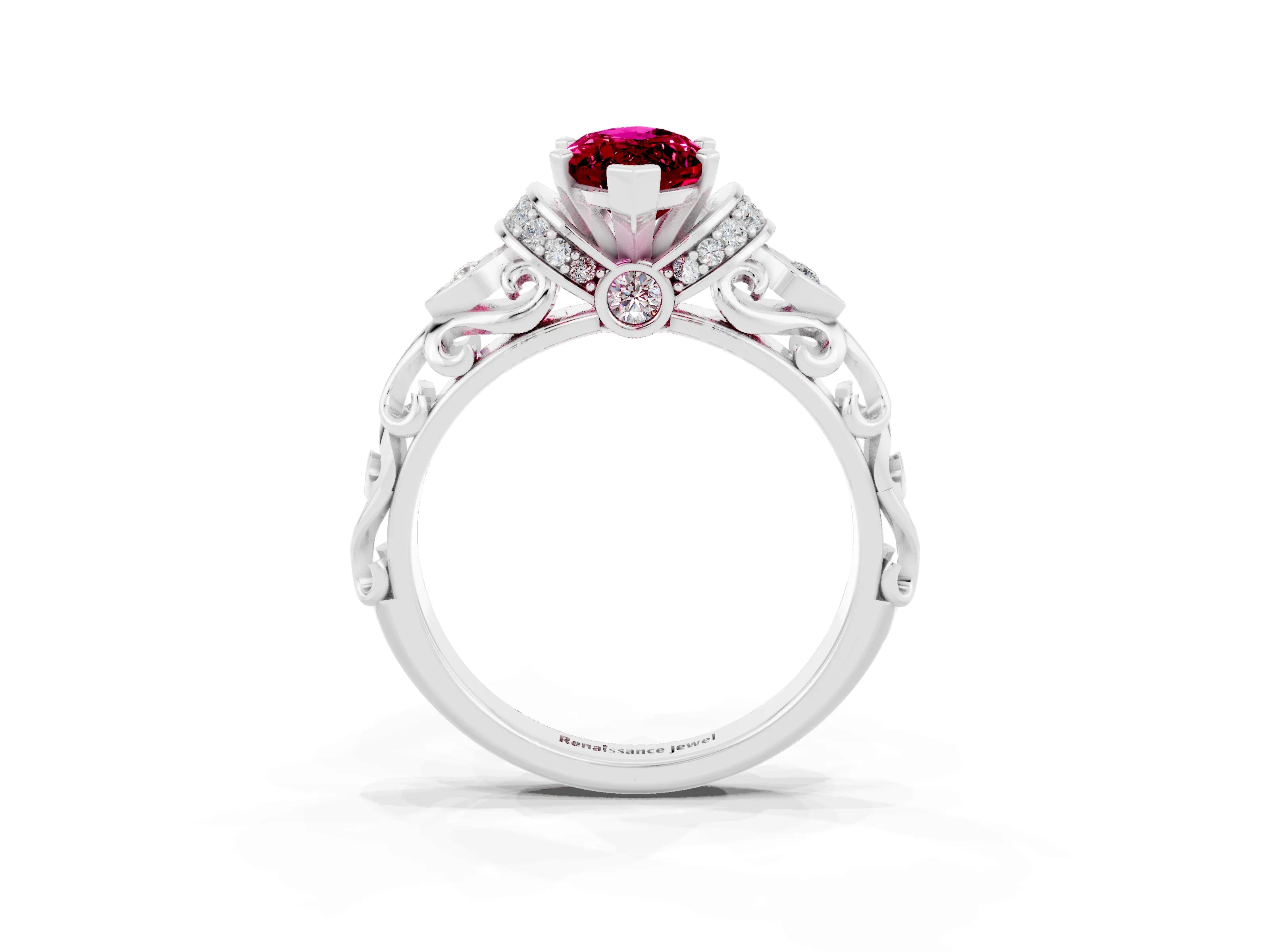 White gold Marquise Cut Garnet Solitaire Ring with Filigree Band and Four-Prong Setting_27