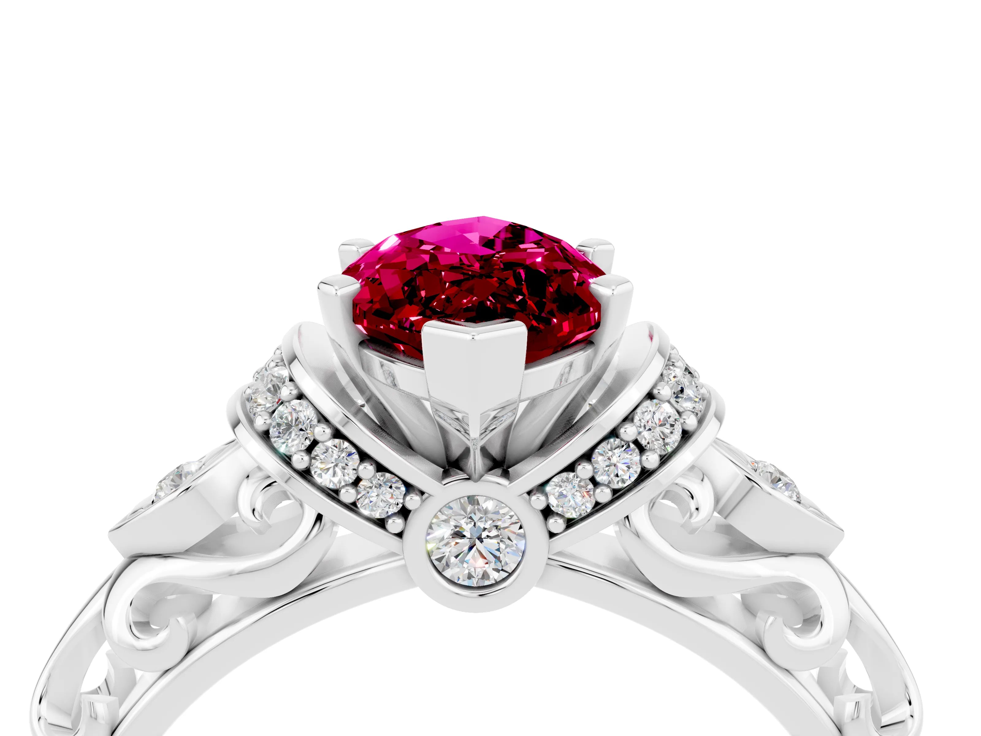 White gold Marquise Cut Garnet Solitaire Ring with Filigree Band and Four-Prong Setting_28