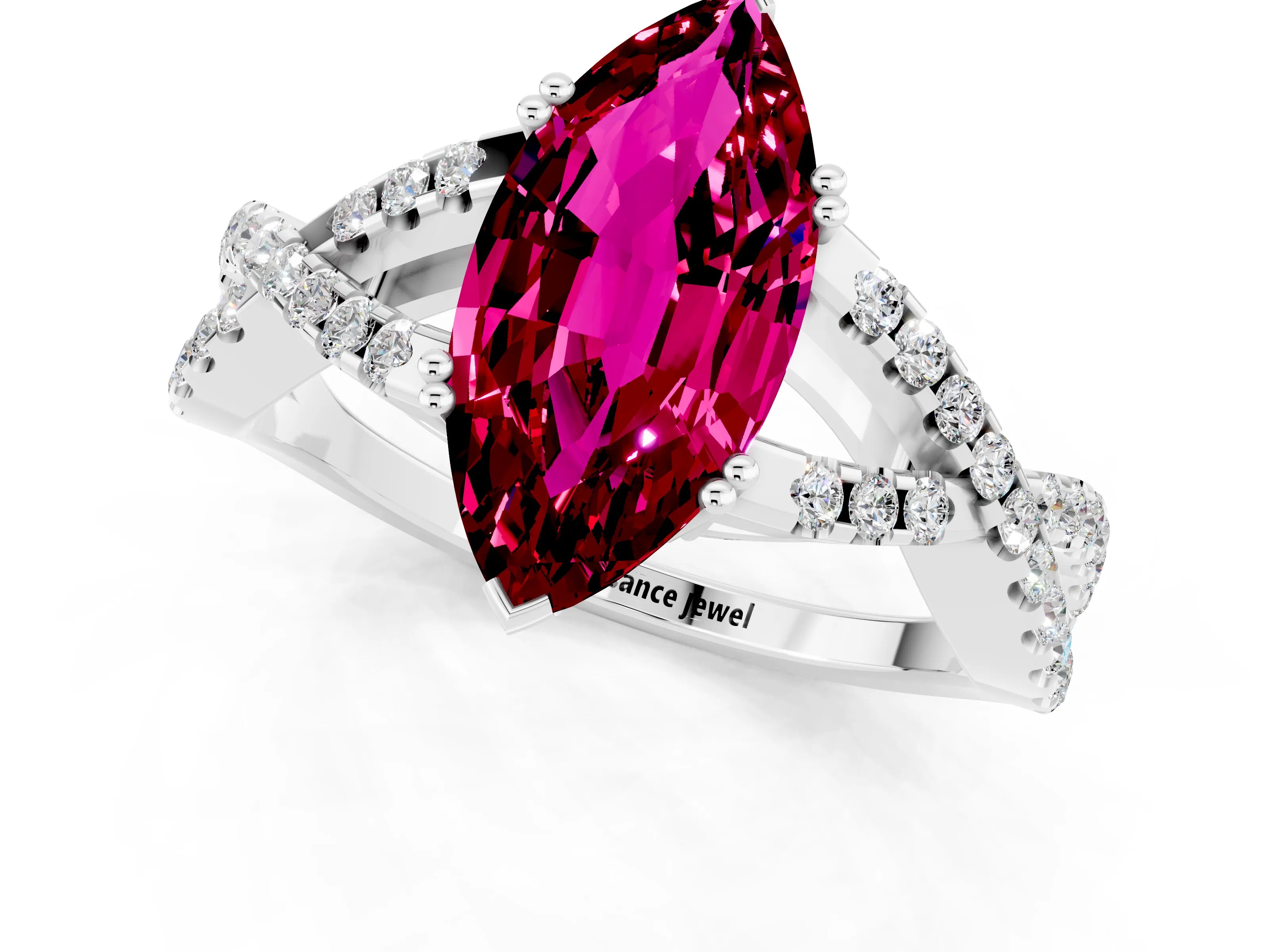 White gold Marquise Cut Garnet Solitaire Ring with Four-Prong Setting and Twisted Pavé Band_1