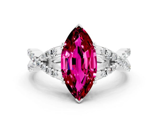 Silver Marquise Cut Garnet Solitaire Ring with Four-Prong Setting and Twisted Pavé Band