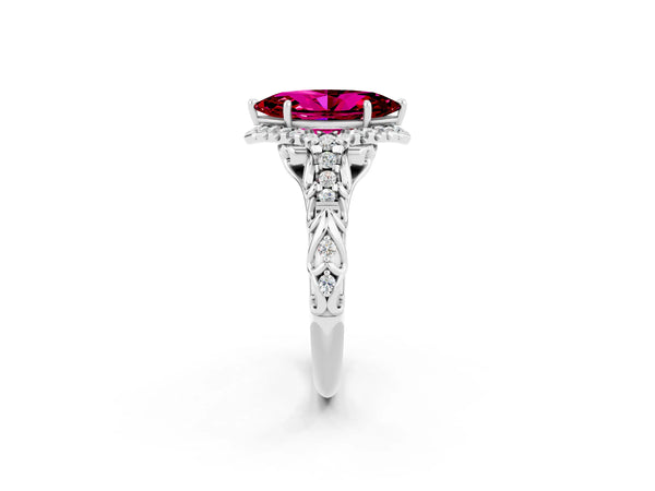 Platinum Marquise Cut Garnet Solitaire Ring with Hidden Halo and Pavé Band