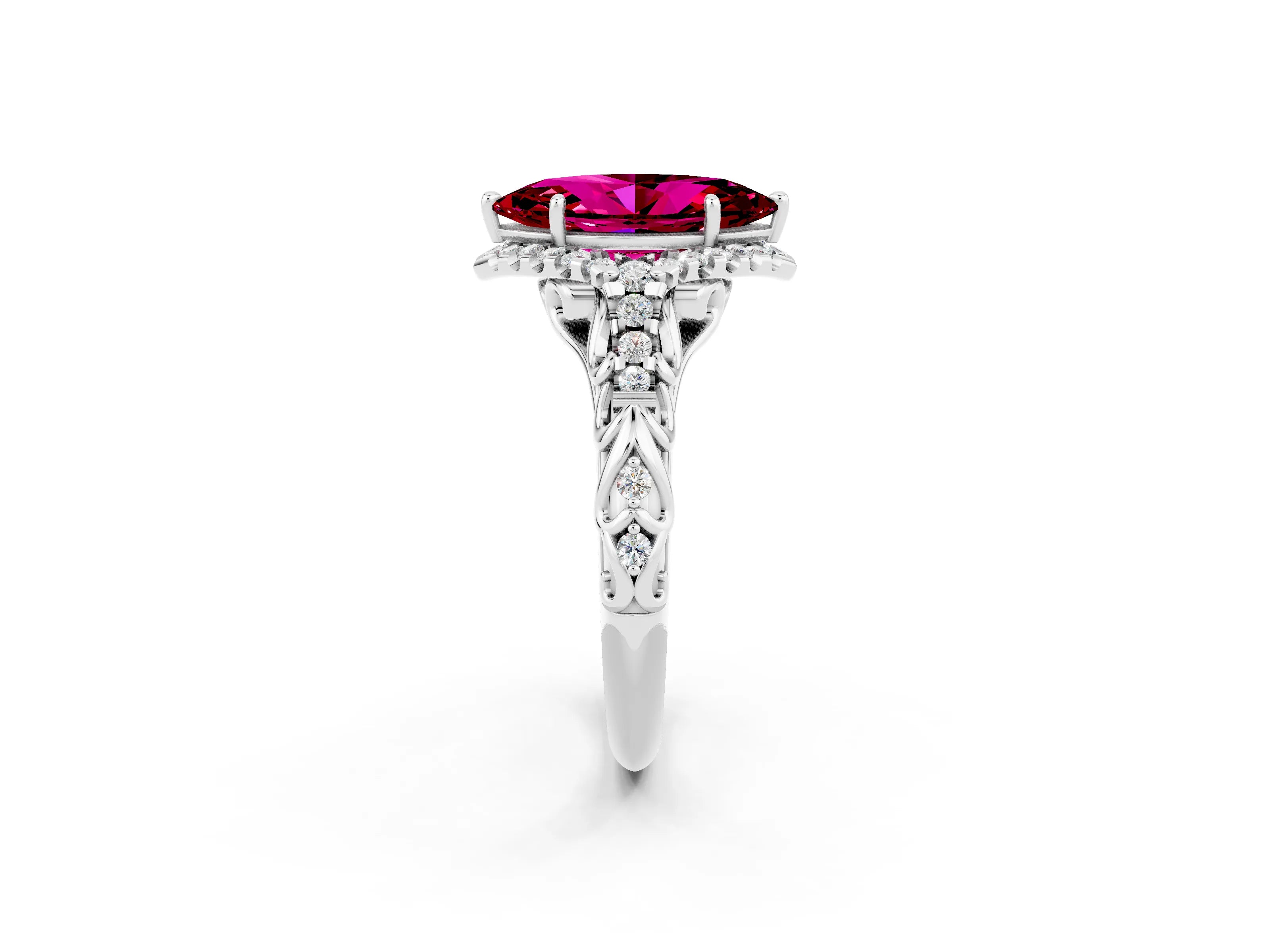 White gold Marquise Cut Garnet Solitaire Ring with Hidden Halo and Pavé Band_14