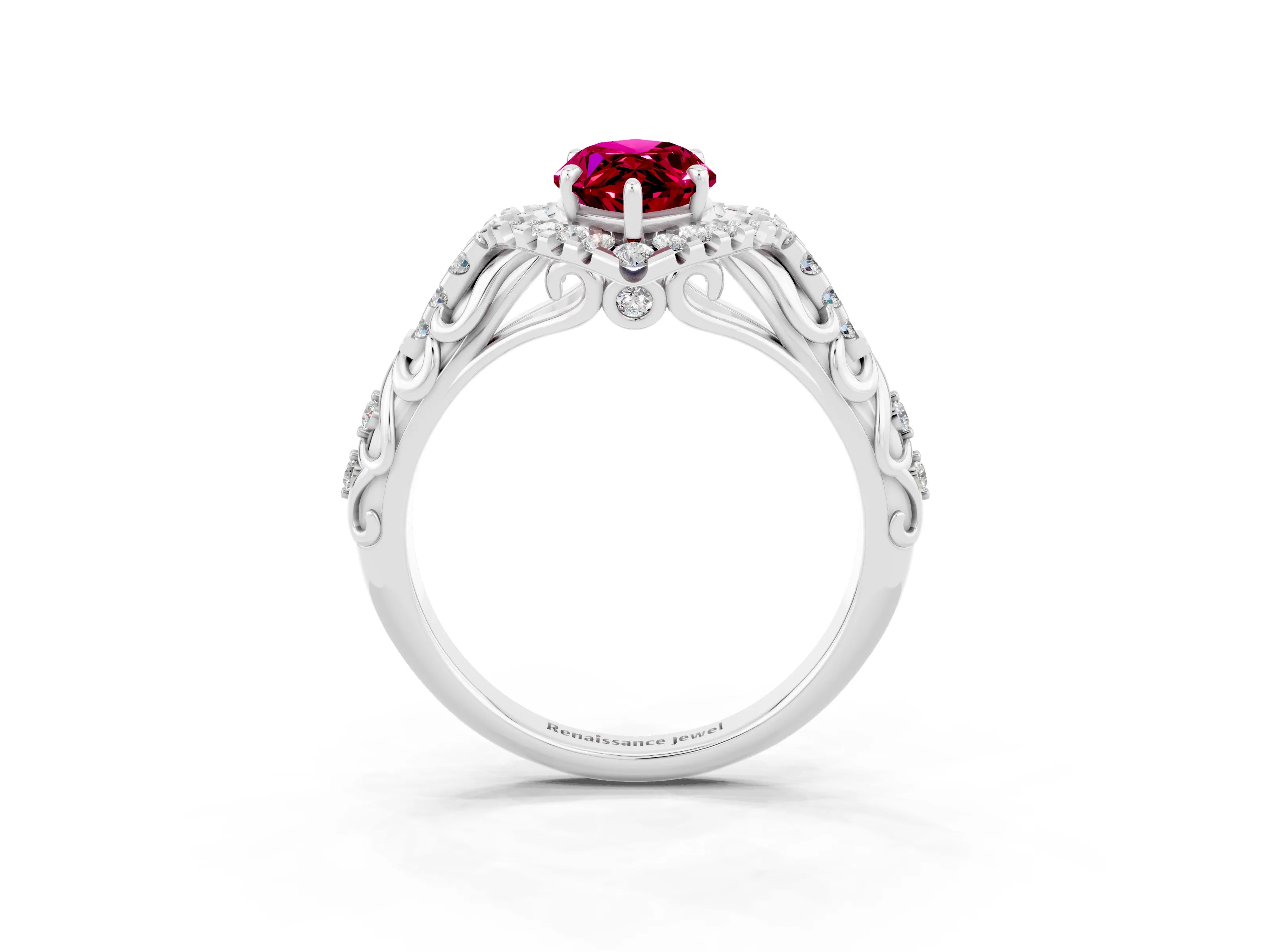 White gold Marquise Cut Garnet Solitaire Ring with Hidden Halo and Pavé Band_15