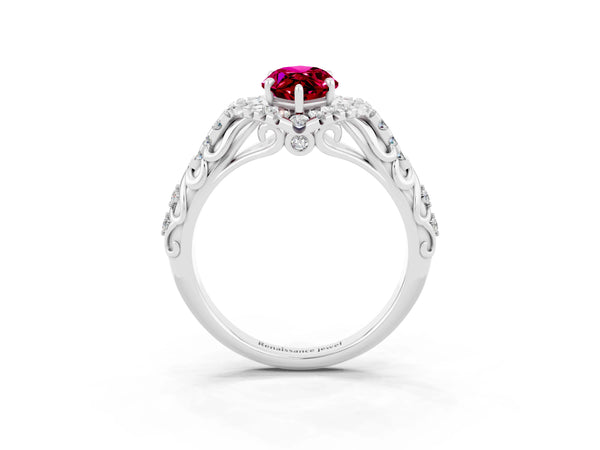 Silver Marquise Cut Garnet Solitaire Ring with Hidden Halo and Pavé Band