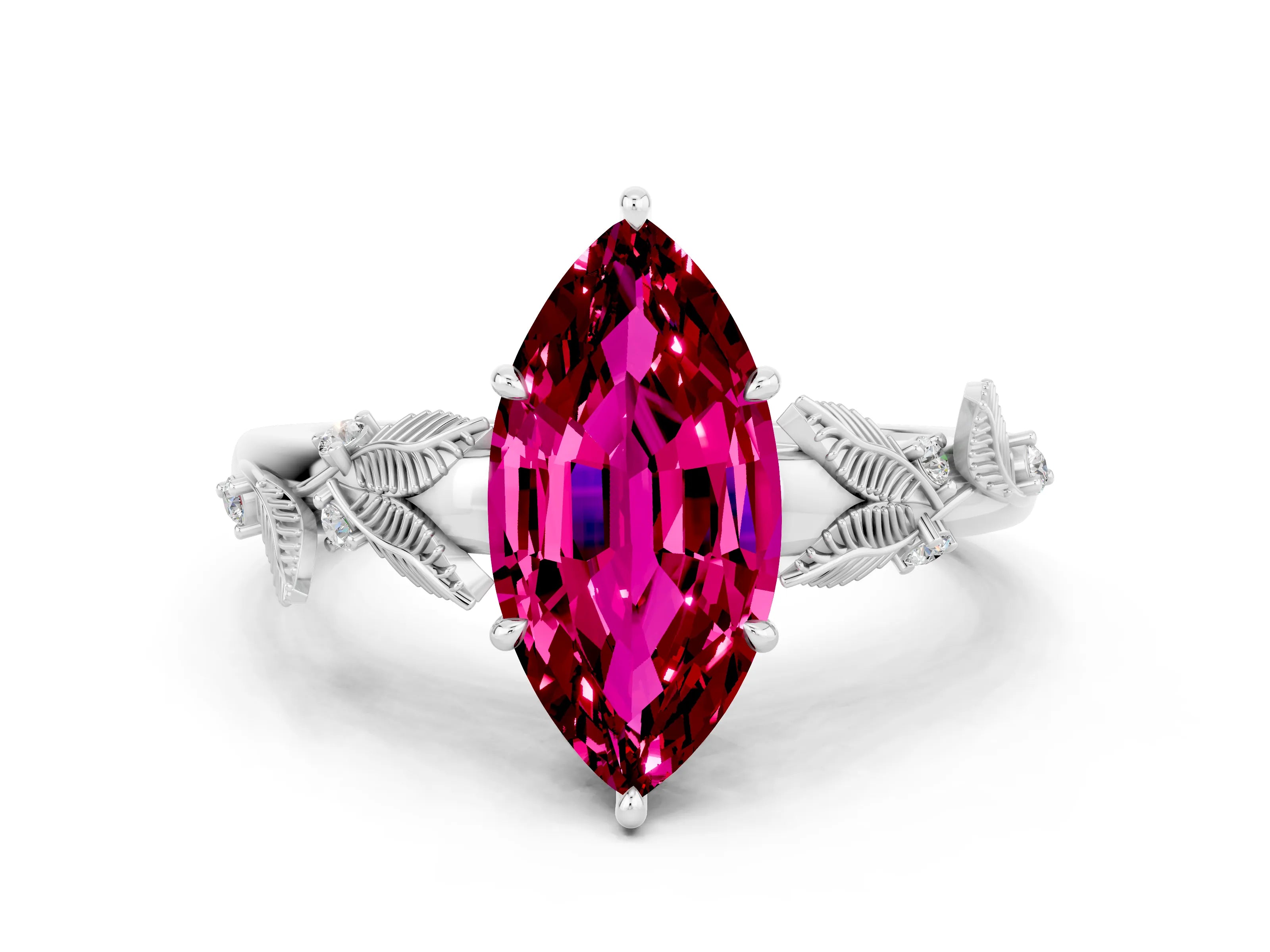 White gold Marquise Cut Garnet Solitaire Ring with Leaf Motif Band and Four-Prong Setting