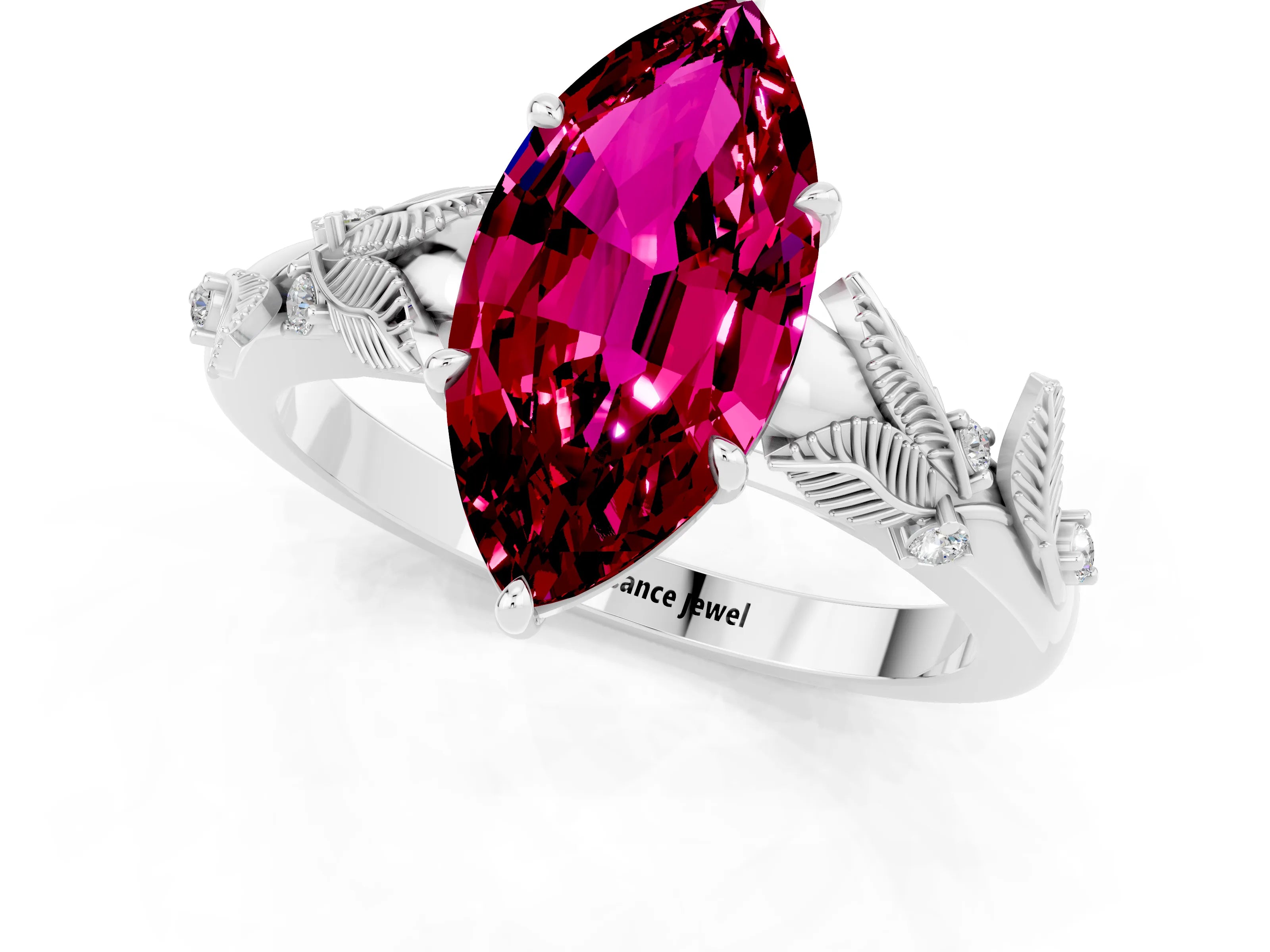 White gold Marquise Cut Garnet Solitaire Ring with Leaf Motif Band and Four-Prong Setting_13