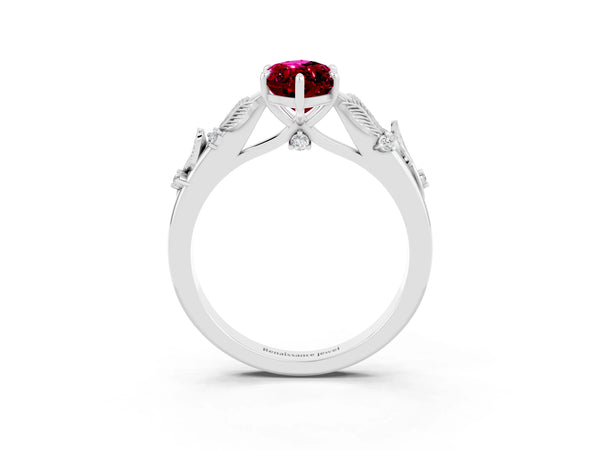 White gold Marquise Cut Garnet Solitaire Ring with Leaf Motif Band and Four-Prong Setting