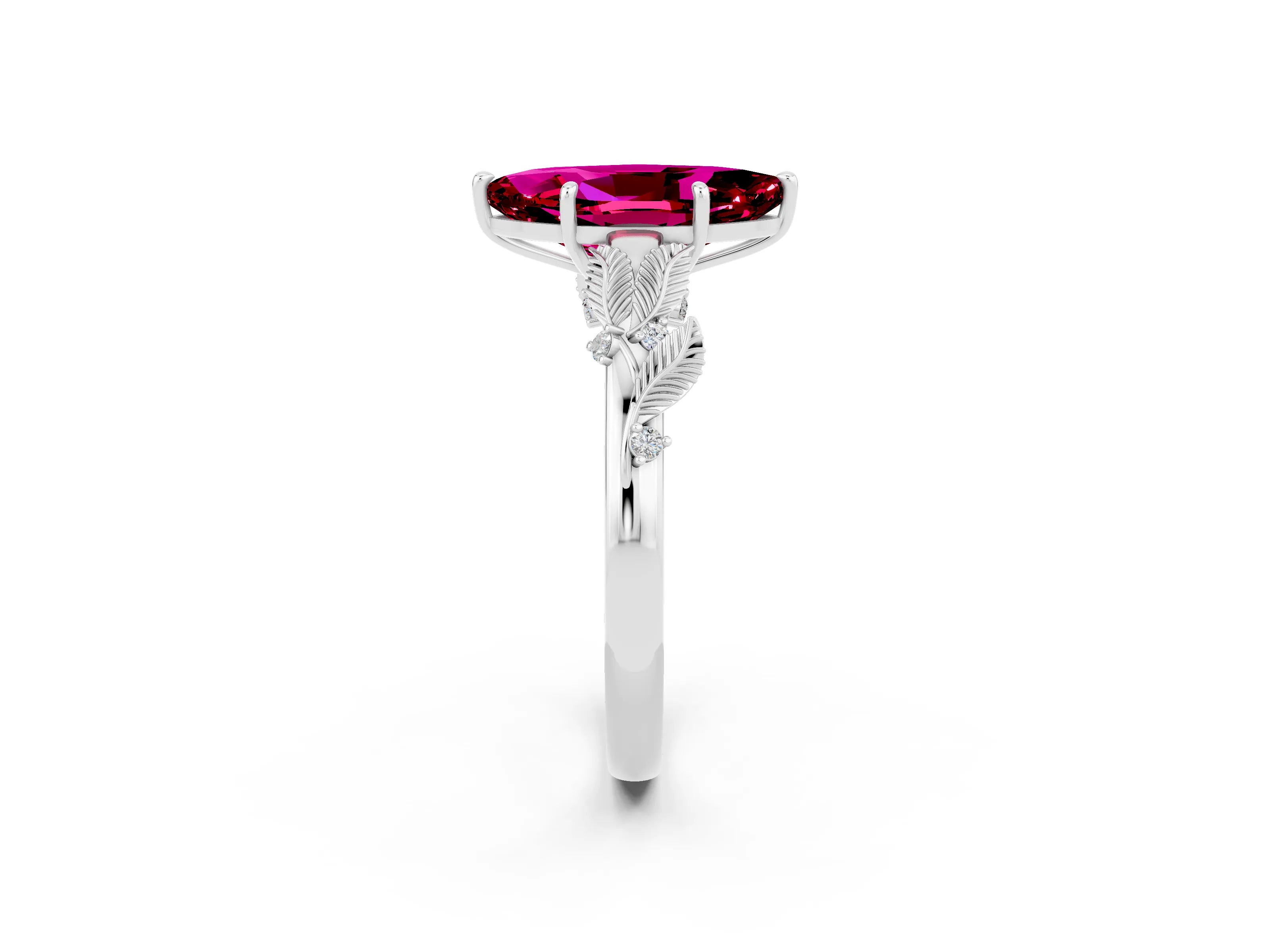 White gold Marquise Cut Garnet Solitaire Ring with Leaf Motif Band and Four-Prong Setting_2