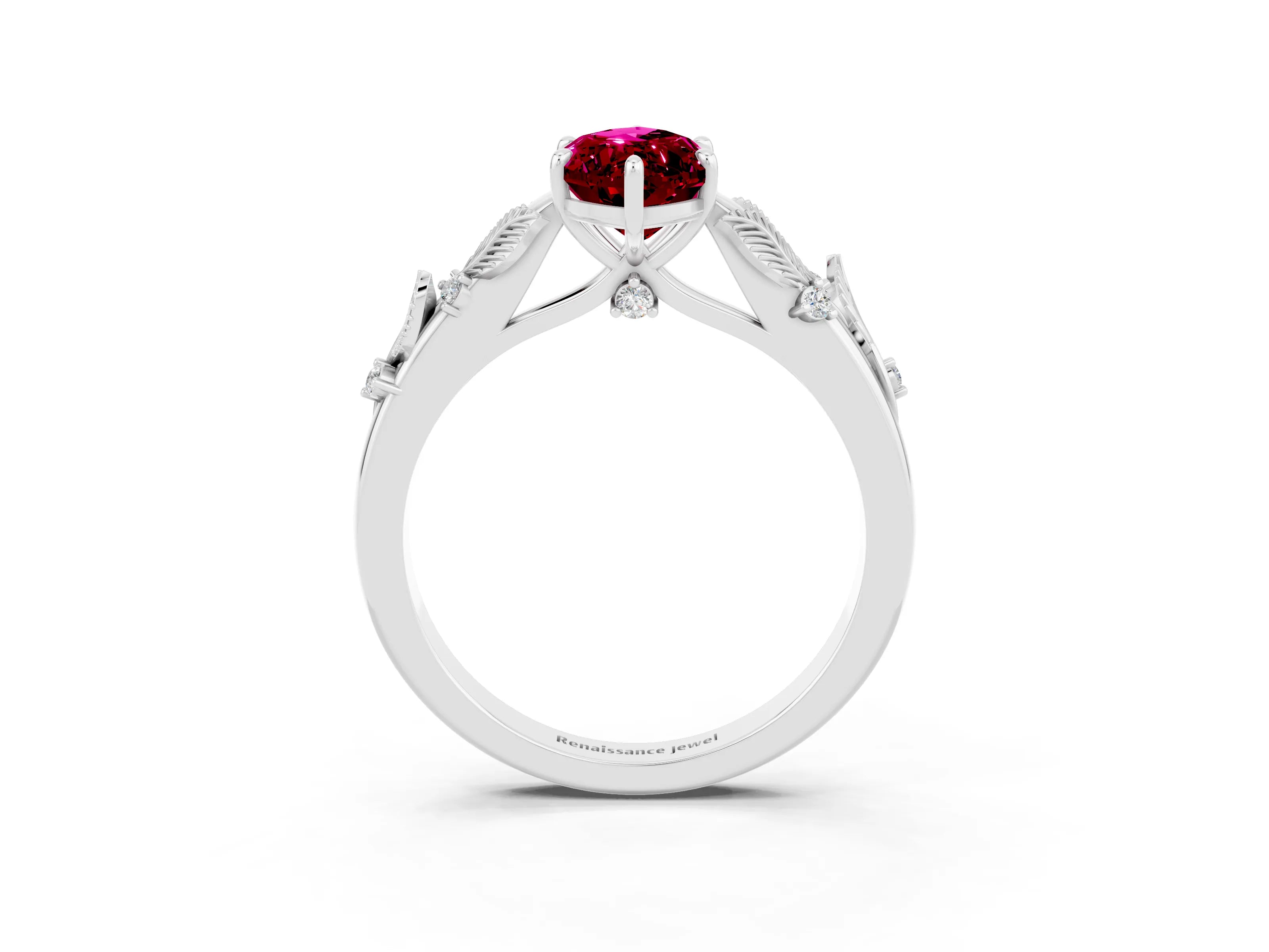 White gold Marquise Cut Garnet Solitaire Ring with Leaf Motif Band and Four-Prong Setting_3