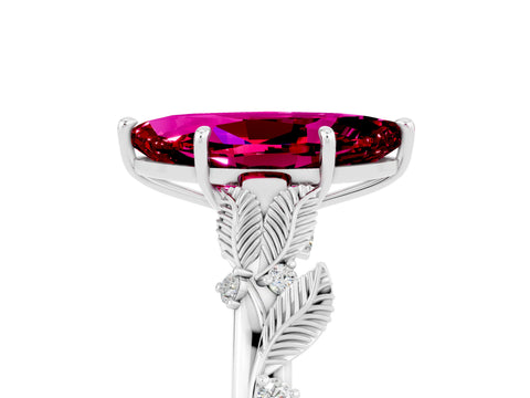 White gold Marquise Cut Garnet Solitaire Ring with Leaf Motif Band and Four-Prong Setting_5