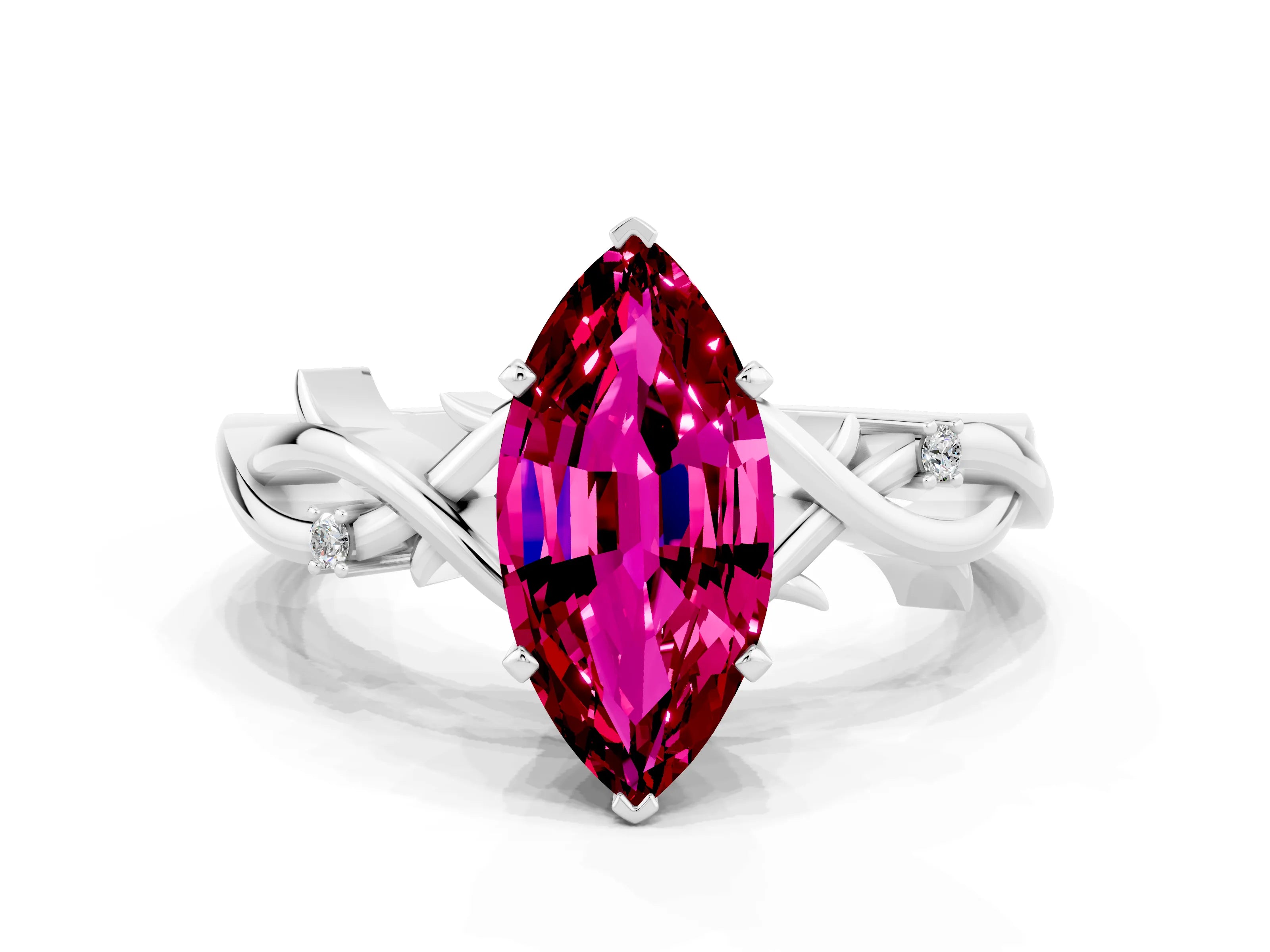 White gold Marquise Cut Garnet Solitaire Ring with Milgrain Pavé Band and Four-Prong Setting_12