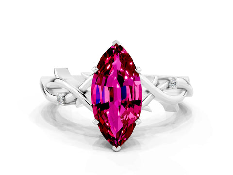 White gold Marquise Cut Garnet Solitaire Ring with Milgrain Pavé Band and Four-Prong Setting_12
