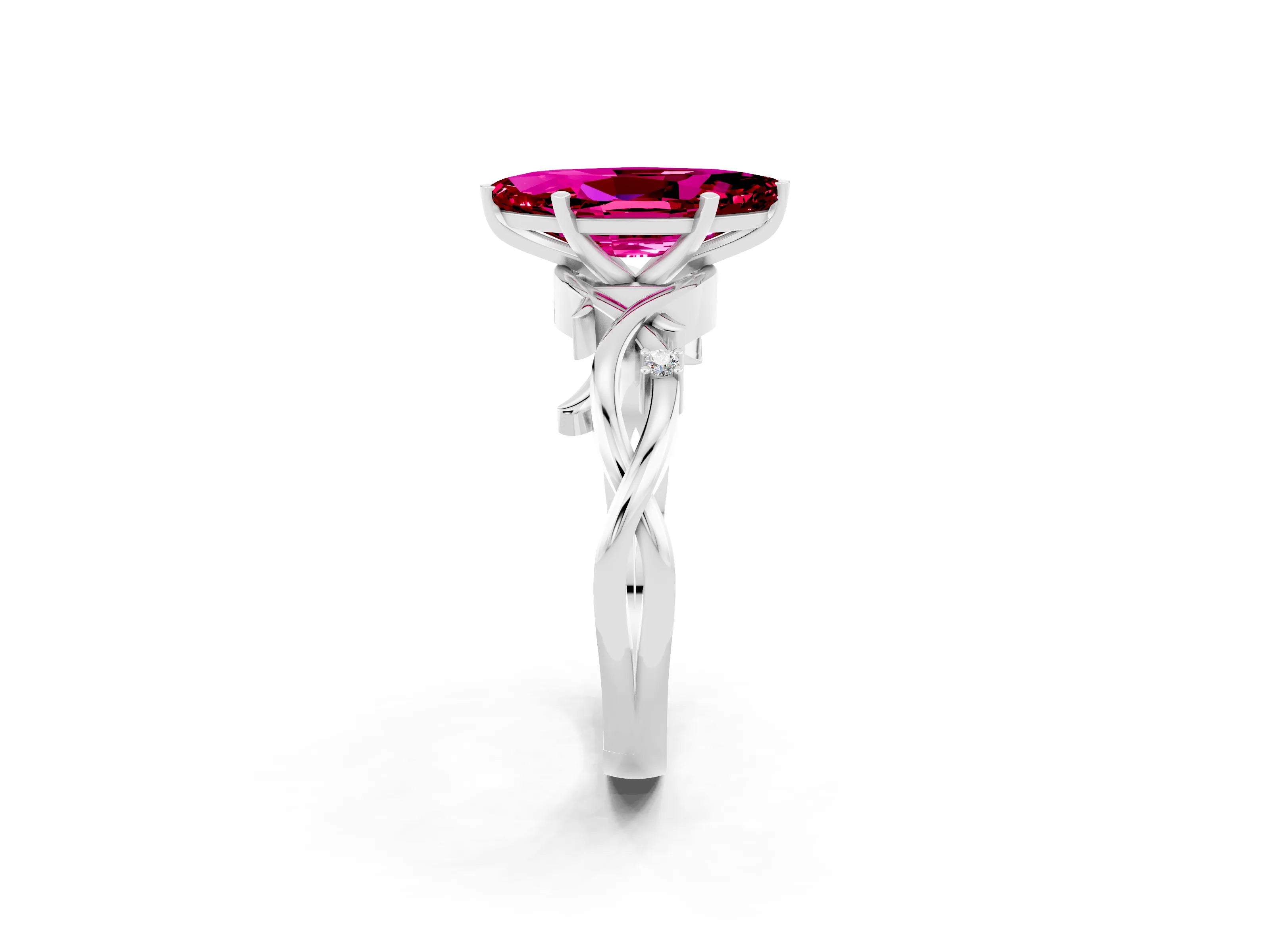 White gold Marquise Cut Garnet Solitaire Ring with Milgrain Pavé Band and Four-Prong Setting_14