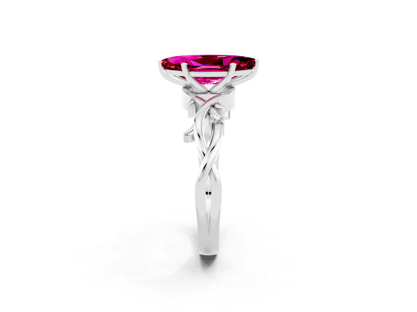 Platinum Marquise Cut Garnet Solitaire Ring with Milgrain Pavé Band and Four-Prong Setting