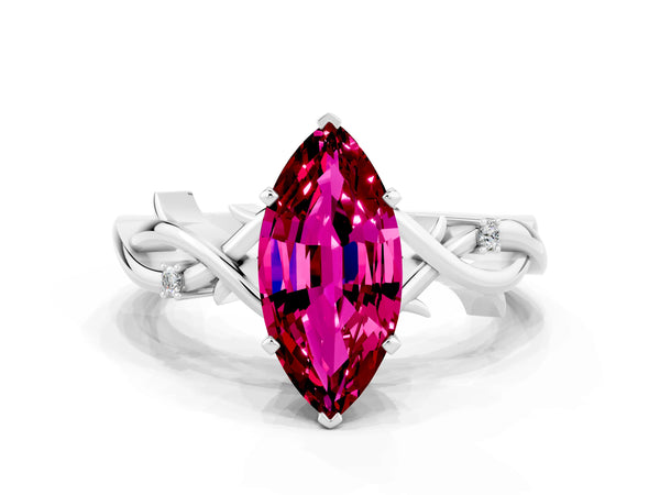 White gold Marquise Cut Garnet Solitaire Ring with Milgrain Pavé Band and Four-Prong Setting