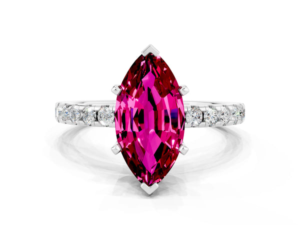 Silver Marquise Cut Garnet Solitaire Ring with Round  Pavé Band and Four-Prong Setting