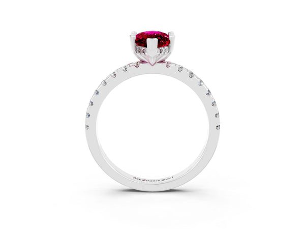 White gold Marquise Cut Garnet Solitaire Ring with Round  Pavé Band and Four-Prong Setting
