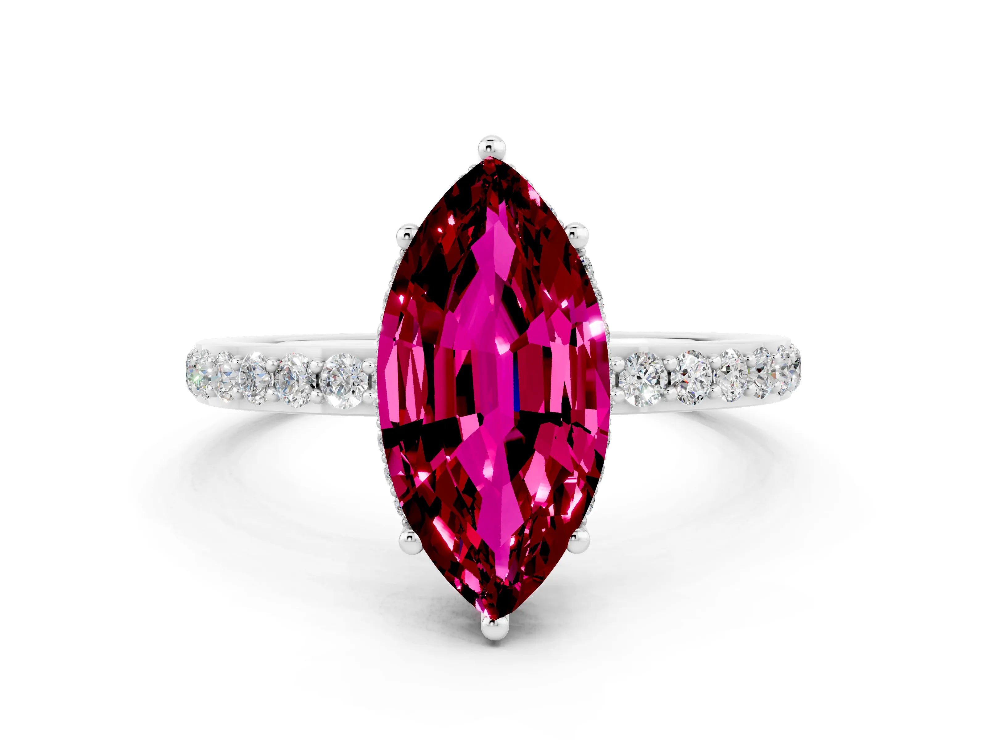 White gold Marquise Cut Garnet Solitaire Ring with Pavé Band and Hidden Halo
