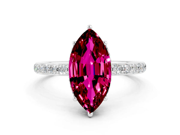 White gold Marquise Cut Garnet Solitaire Ring with Pavé Band and Hidden Halo