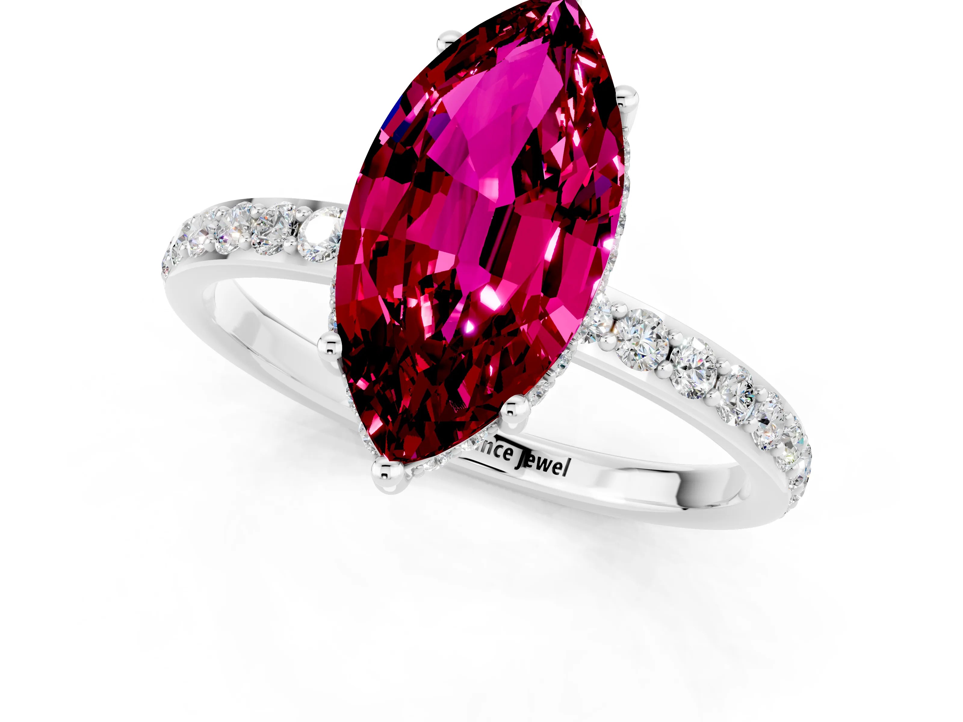 White gold Marquise Cut Garnet Solitaire Ring with Pavé Band and Hidden Halo_25