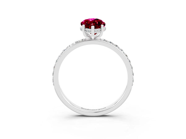 Platinum Marquise Cut Garnet Solitaire Ring with Pavé Band and Hidden Halo