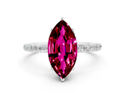 White gold Marquise Cut Garnet Solitaire Ring with Pavé Band and Hidden Halo
