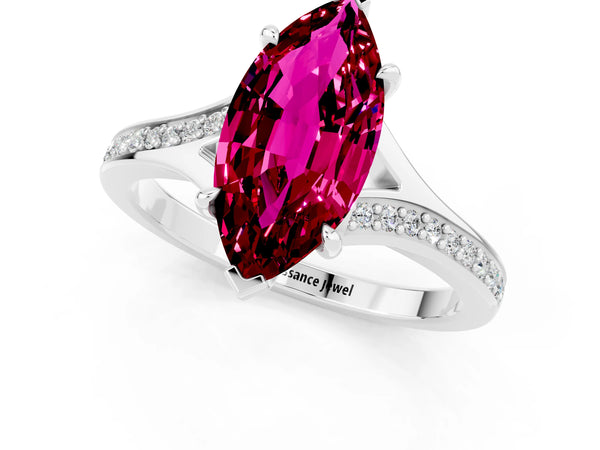 Platinum Marquise Cut Garnet Solitaire Ring with Pavé Band and Prong Setting