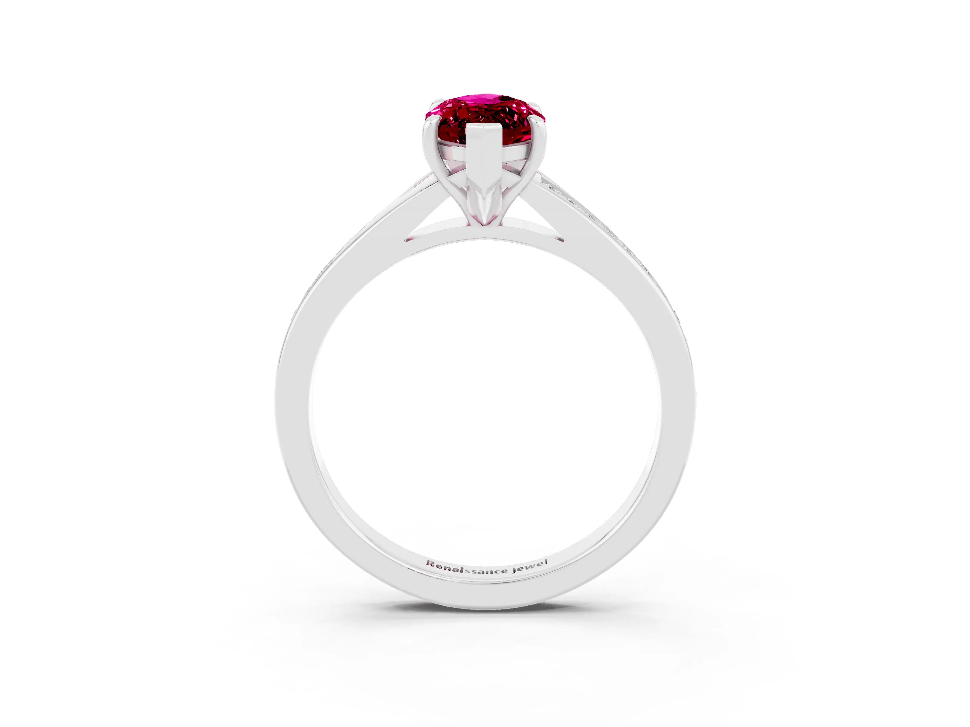 White gold Marquise Cut Garnet Solitaire Ring with Pavé Band and Prong Setting_3