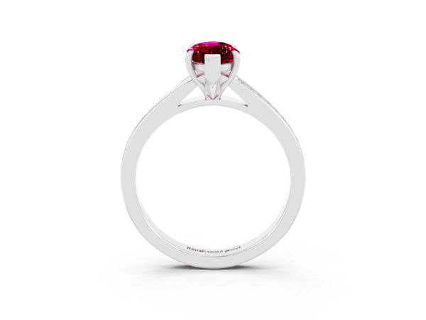 Silver Marquise Cut Garnet Solitaire Ring with Pavé Band and Prong Setting