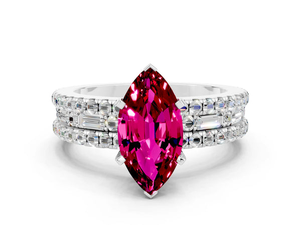 Platinum Marquise Cut Garnet Solitaire Ring with Pavé and Channel Set Band
