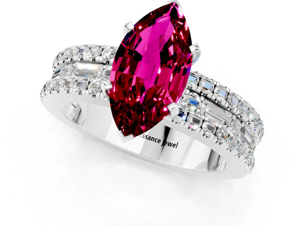 White gold Marquise Cut Garnet Solitaire Ring with Pavé and Channel Set Band