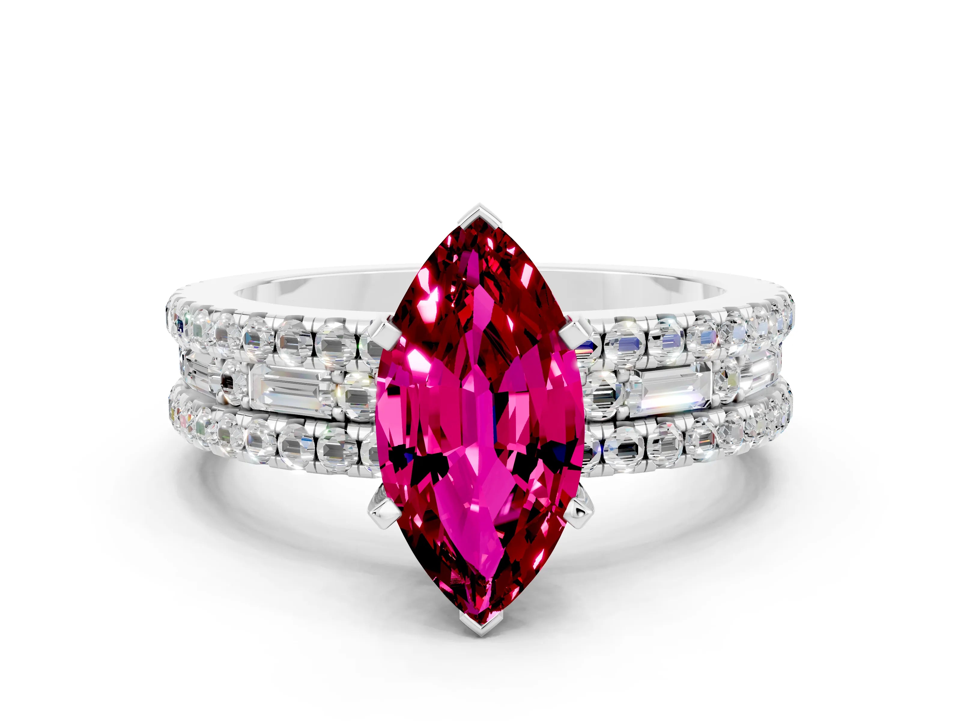 White gold Marquise Cut Garnet Solitaire Ring with Pavé and Channel Set Band