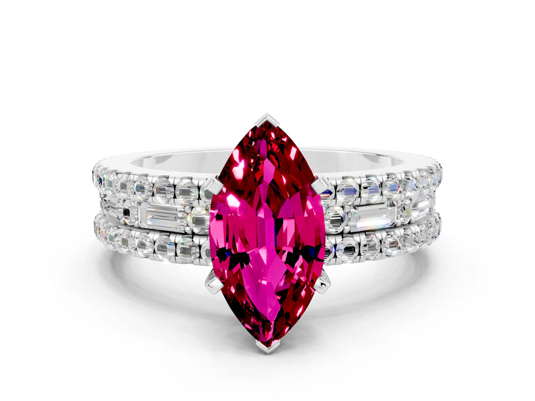 White gold Marquise Cut Garnet Solitaire Ring with Pavé and Channel Set Band