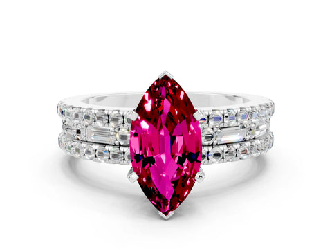 White gold Marquise Cut Garnet Solitaire Ring with Pavé and Channel Set Band